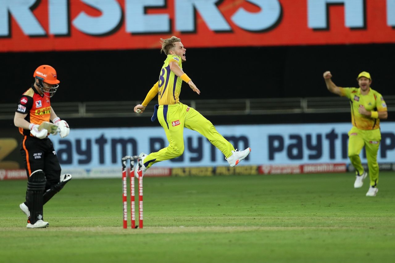 Sam Curran takes off in celebration after catching David Warner off his own bowling, Sunrisers Hyderabad vs Chennai Super Kings, IPL 2020, Dubai, October 13, 2020