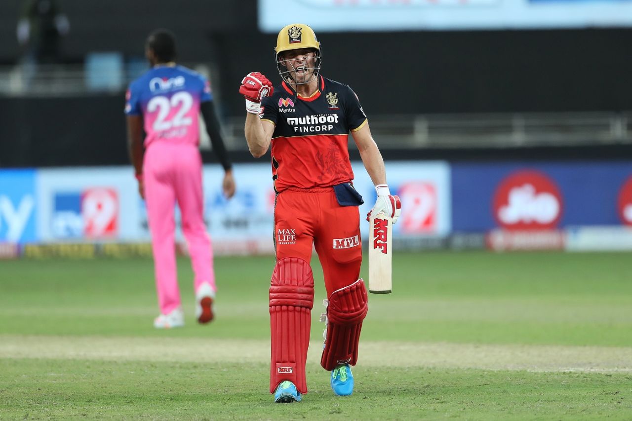 AB de Villiers exults after taking the Royal Challengers Bangalore to victory, Rajasthan Royals vs Royal Challengers Bangalore, Dubai, IPL 2020, October 17, 2020