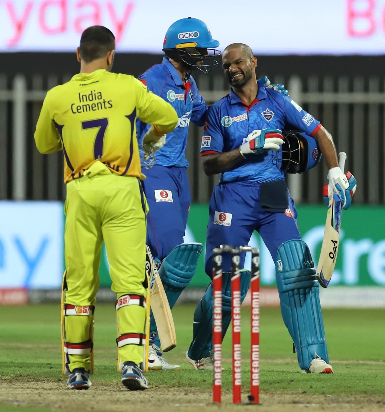 Axar Patel and Shikhar Dhawan share a laugh after a job well done, Delhi Capitals vs Chennai Super Kings, IPL 2020, Sharjah, October 17, 2020