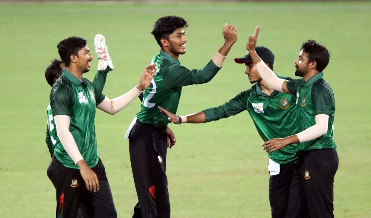 Rishad Hossain celebrates a wicket in a practice game, Dhaka, October 17, 2020