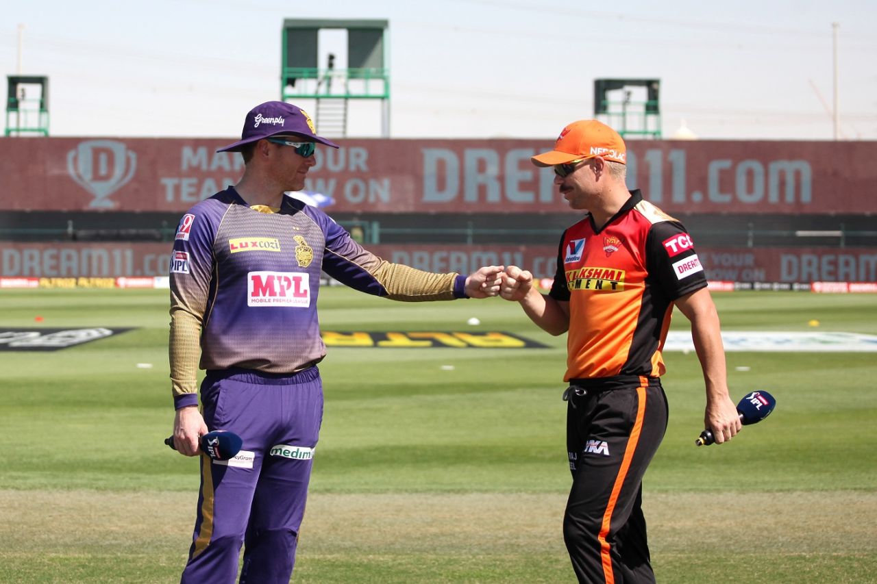 Eoin Morgan and David Warner bump fists at the toss, Sunrisers Hyderabad vs Kolkata Knight Riders, IPL 2020, Abu Dhabi, October 18, 2020