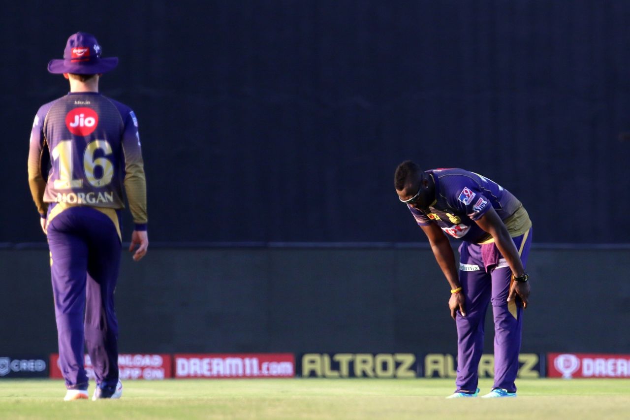 Uh oh... one of the most worrying sights for Eoin Morgan - Andre Russell looks like he's injured himself, Sunrisers Hyderabad vs Kolkata Knight Riders, IPL 2020, Abu Dhabi, October 18, 2020