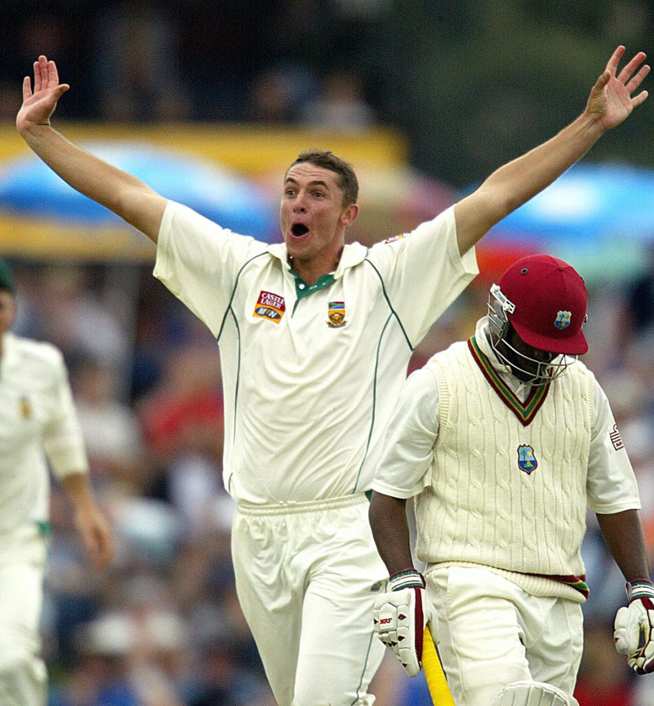 Andre Nel celebrates getting Brian Lara's wicket, third day, fourth test, South Africa vs West Indies, Supersport Park, Centurion, South Africa, January 18, 2004,