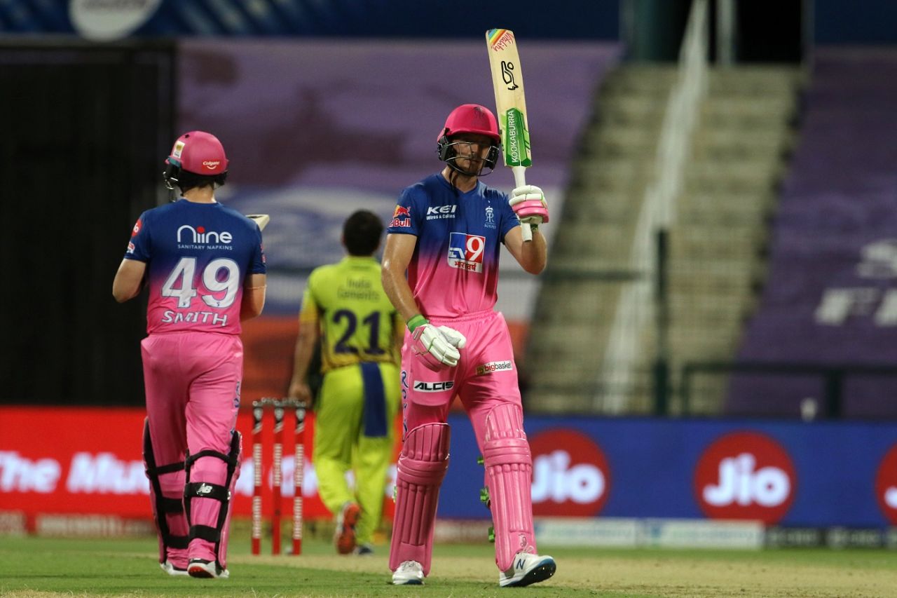 Jos Buttler celebrates a well-compiled fifty, Chennai Super Kings vs Rajasthan Royals, IPL 2020, Abu Dhabi, October 19, 2020