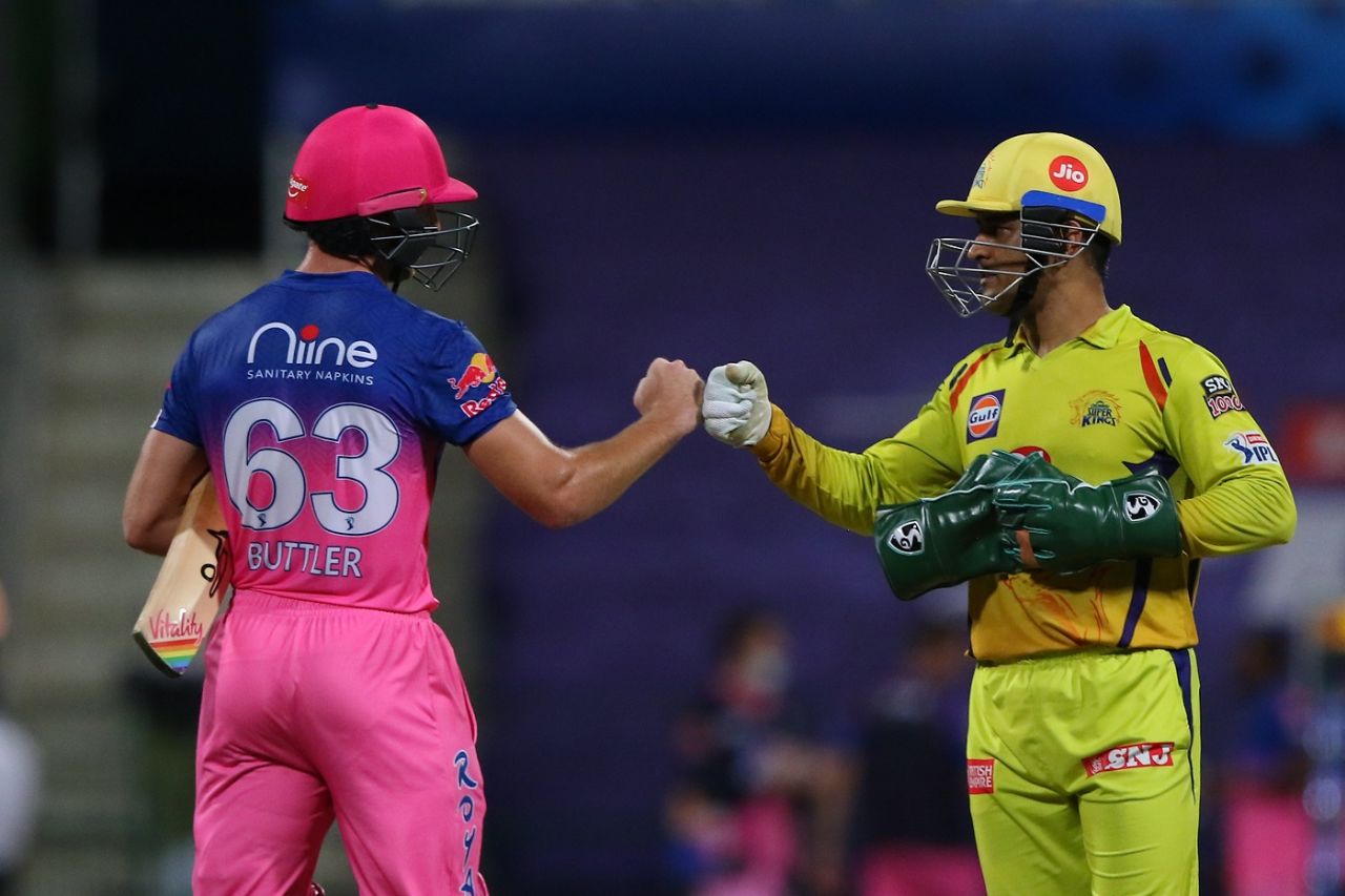 MS Dhoni and Jos Buttler bump fists after the game, Chennai Super Kings vs Rajasthan Royals, IPL 2020, Abu Dhabi, October 19, 2020