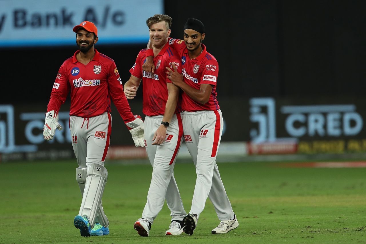 James Neesham is congratulated by his team-mates after dismissing Prithvi Shaw, Delhi Capitals vs Kings XI Punjab, IPL 2020, Dubai, October 20, 2020