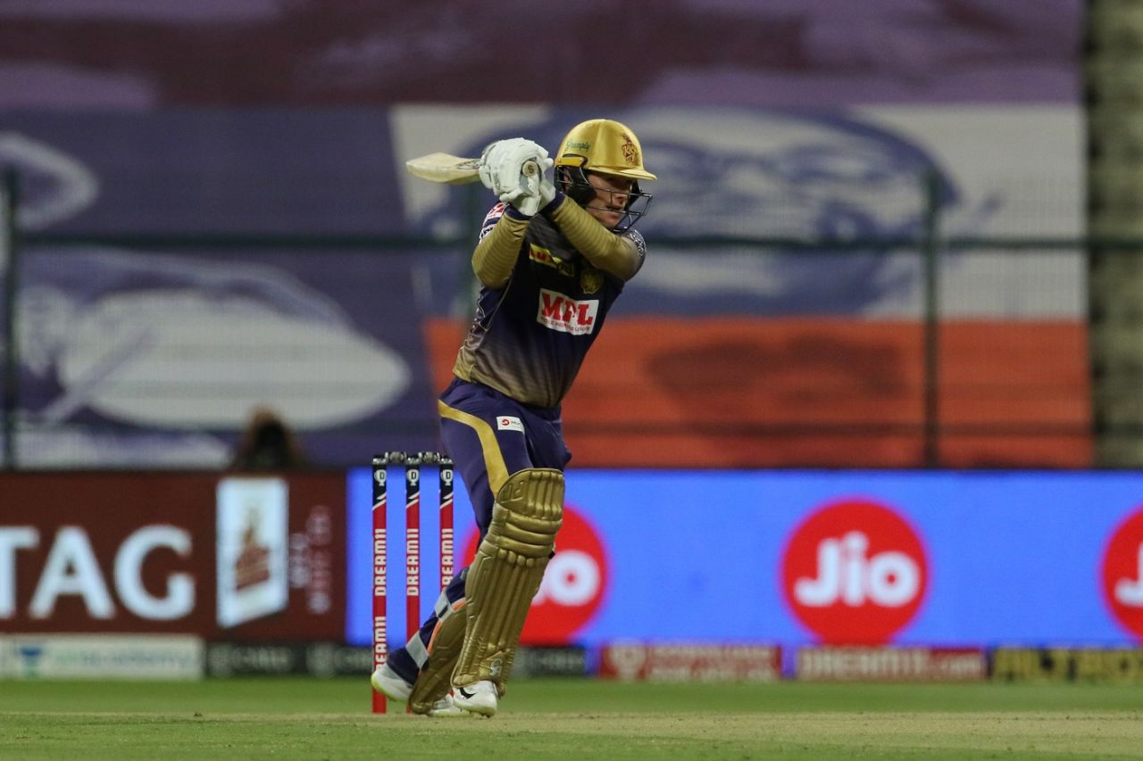 Eoin Morgan drives one pitched up to him, Kolkata Knight Riders vs Royal Challengers Bangalore, IPL 2020, Abu Dhabi, October 21, 2020
