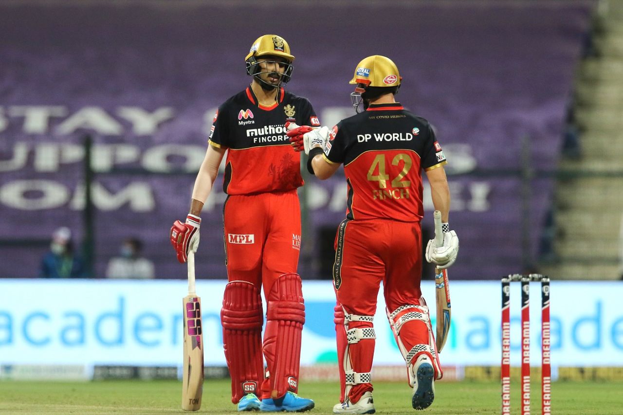 Devdutt Padikkal and Aaron Finch punch gloves during their stand, Kolkata Knight Riders vs Royal Challengers Bangalore, IPL 2020, Abu Dhabi, October 21, 2020