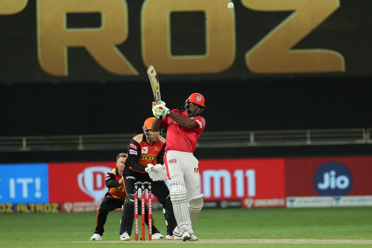 Chris Gayle swipes one through the leg side, Kings XI Punjab vs Sunrisers Hyderabad, IPL 2020, Dubai, October 24, 2020
