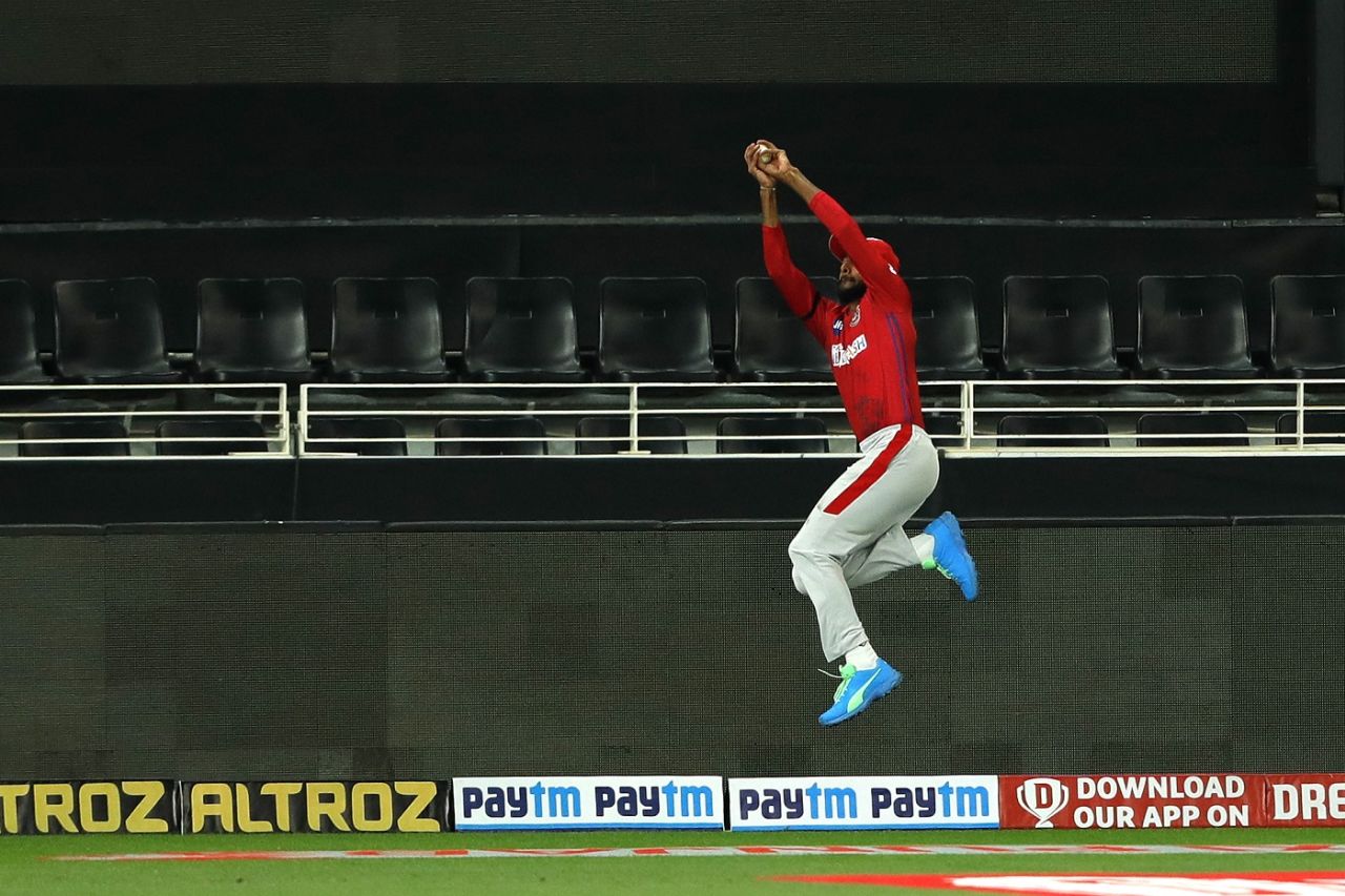 J Suchith leaps up to complete a terrific catch at long-off, Kings XI Punjab vs Sunrisers Hyderabad, IPL 2020, Dubai, October 24, 2020