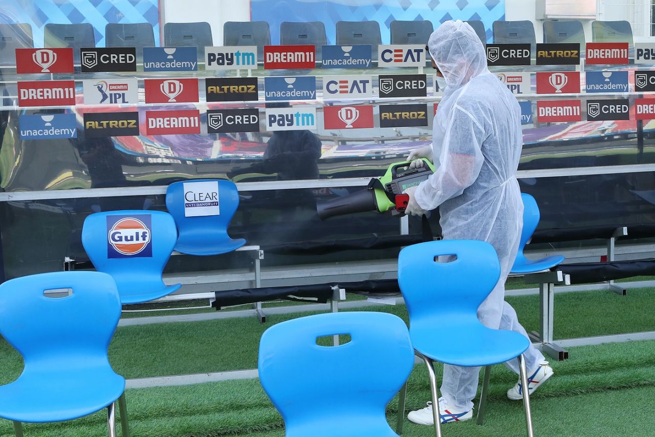 Covid times: The dugout is sanitised before players' arrival, Chennai Super Kings vs Royal Challengers Bangalore, IPL 2020, Dubai, October 25, 2020