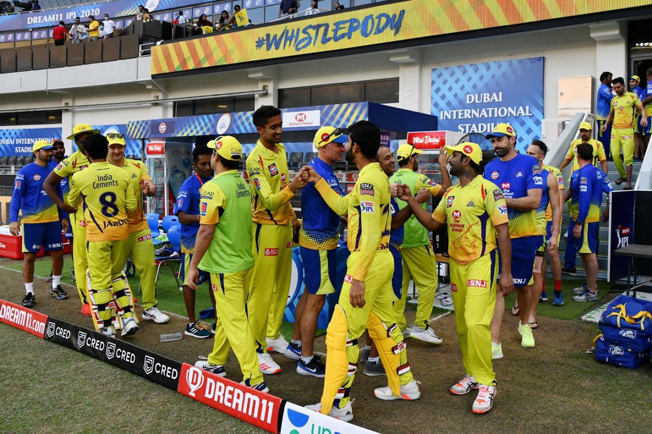 Happy smiles in the CSK camp after a victory, Chennai Super Kings vs Royal Challengers Bangalore, IPL 2020, Dubai, October 25, 2020