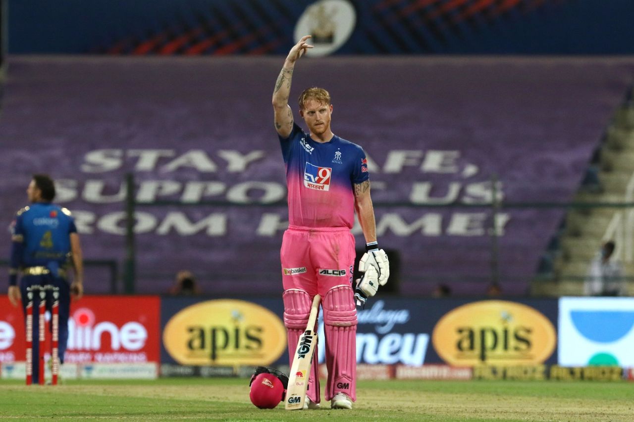 As he often does after making an impact, Ben Stokes pays tribute to his dad with the folded finger celebration, Rajasthan Royals vs Mumbai Indians, IPL 2020, Abu Dhabi, October 25, 2020