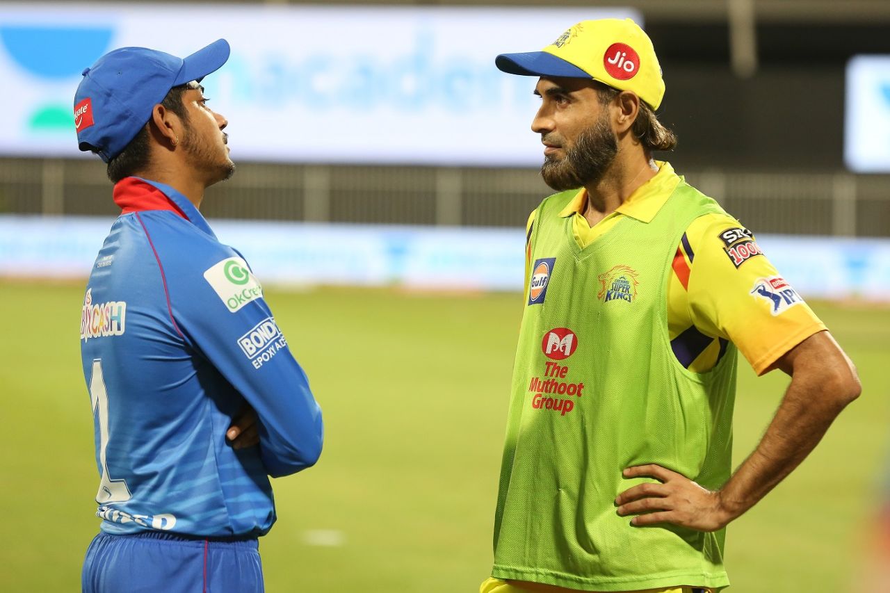 Sandeep Lamichhane and Imran Tahir have a chat at the end of the game, Chennai Super Kings vs Delhi Capitals, IPL 2020, Sharjah, October 17, 2020