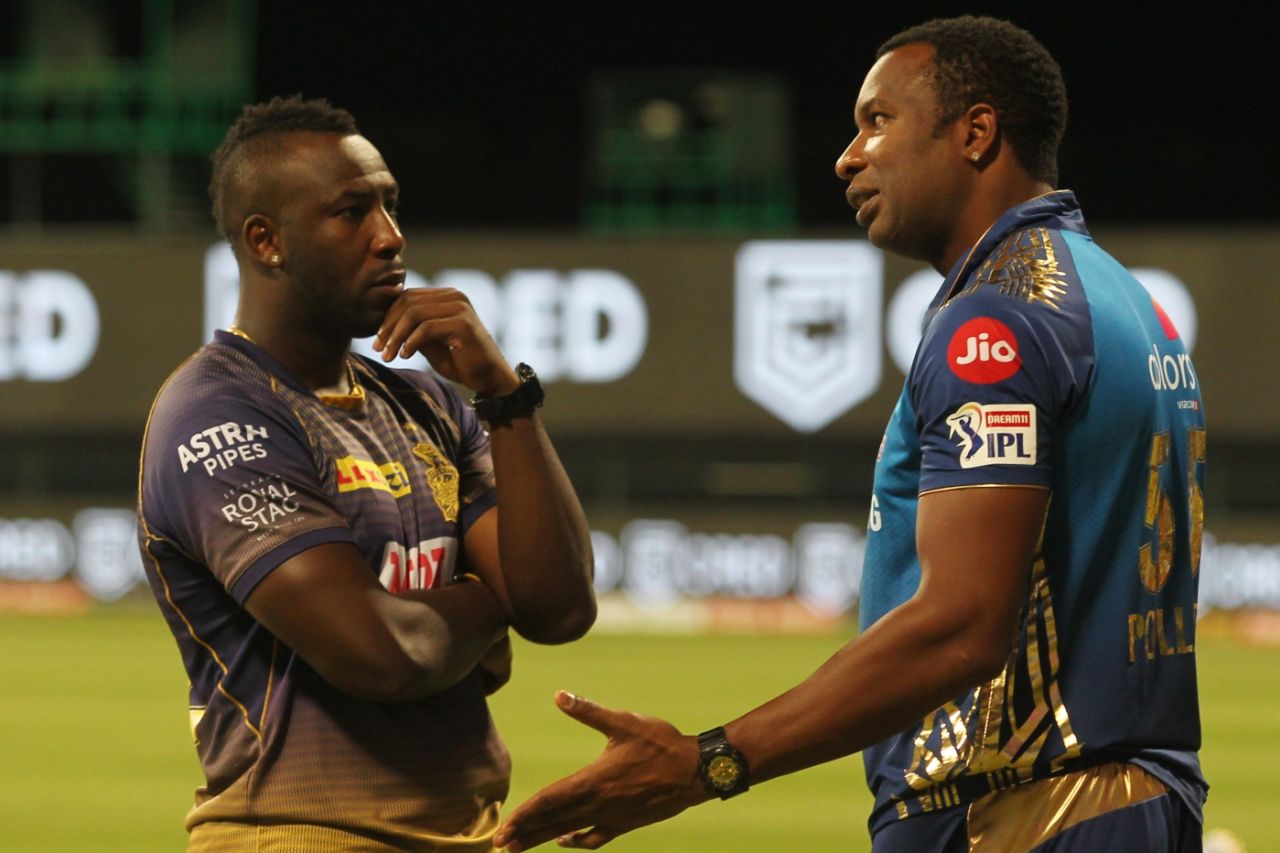 Andre Russell and Kieron Pollard have a chat after the game, Kolkata Knight Riders vs Mumbai Indians, IPL 2020, October 16, 2020