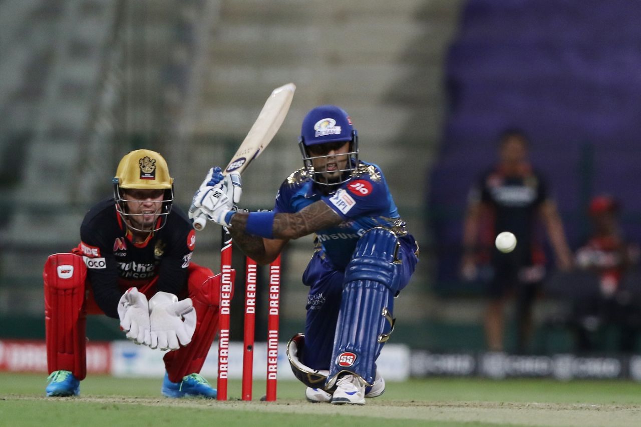 Suryakumar Yadav gets in position to sweep, Mumbai Indians vs Royal Challengers Bangalore, IPL 2020, Abu Dhabi, October 28, 2020