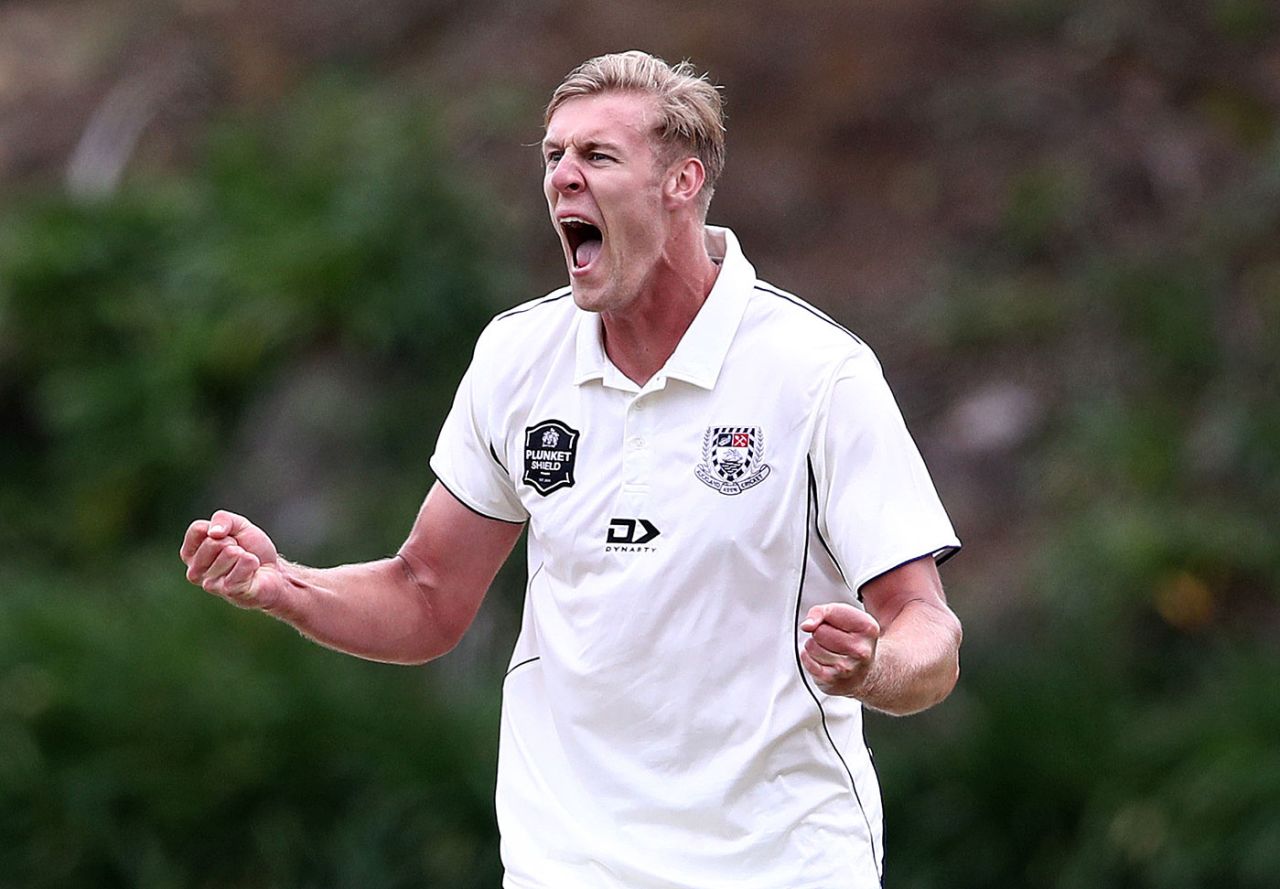 Kyle Jamieson celebrates during his hat-trick, Auckland v Central Districts, Plunket Shield, Eden Park No. 2, October 29, 2020