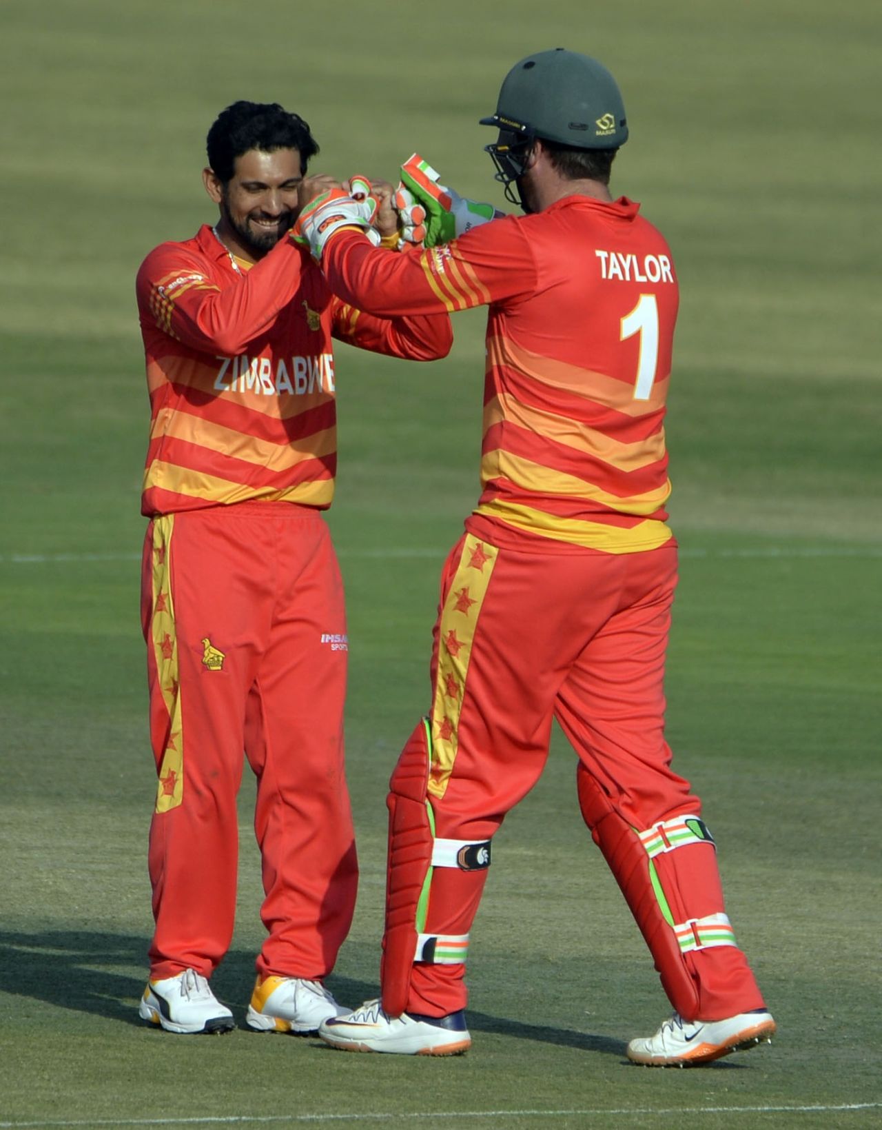 Sikandar Raza and Brendan Taylor celebrate a wicket, Pakistan vs Zimbabwe, 1st ODI, Rawalpindi, October 30, 2020