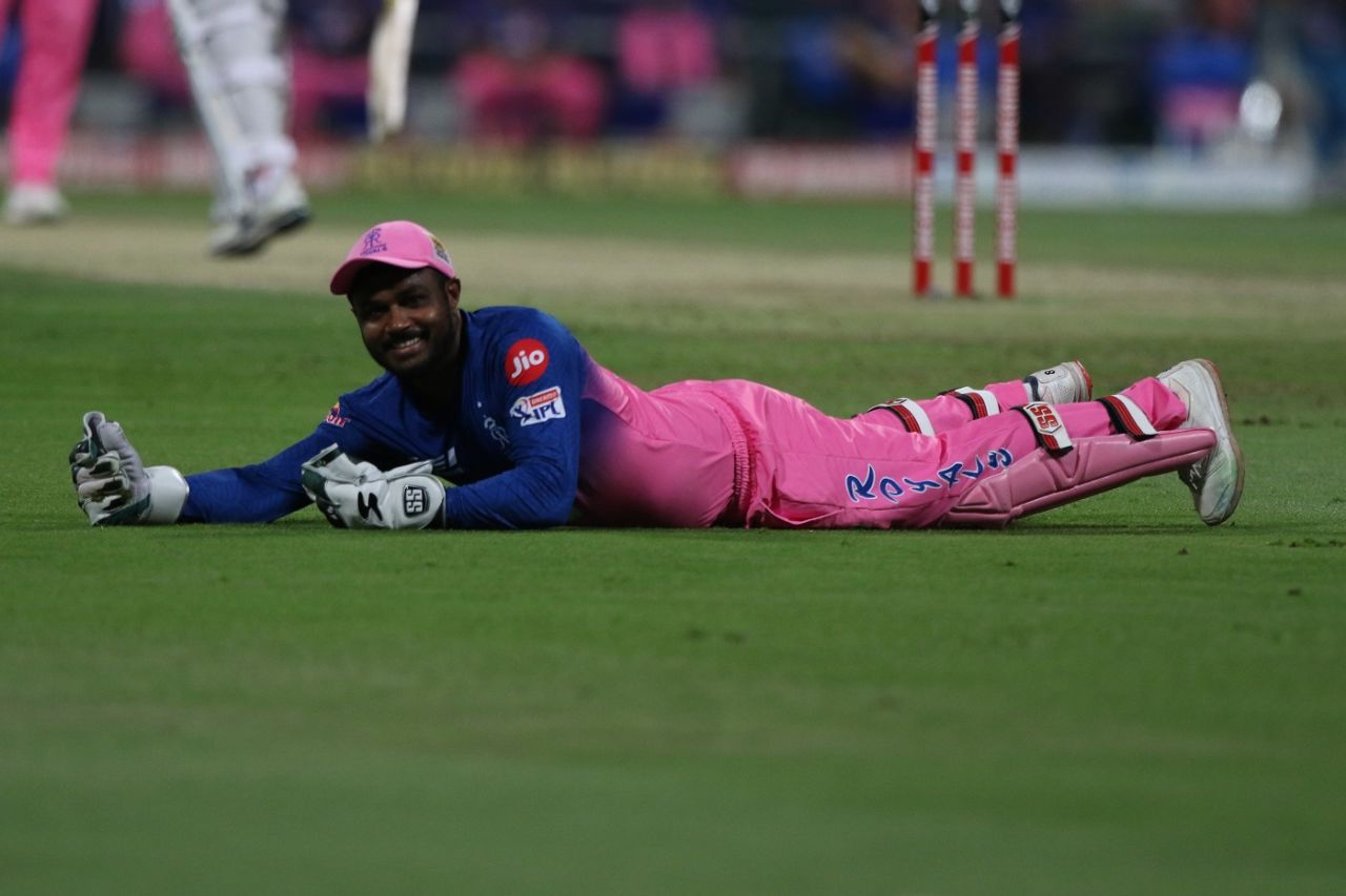 Wry smile, ball going past - Sanju Samson's sprawled on the ground, Kings XI Punjab vs Rajasthan Royals, IPL 2020, Abu Dhabi, October 30, 2020