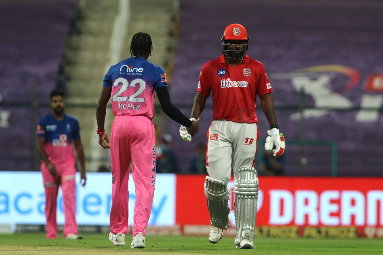 A handshake at the end - Jofra Archer with Chris Gayle, the man he has just dismissed for 99, Kings XI Punjab vs Rajasthan Royals, IPL 2020, Abu Dhabi, October 30, 2020