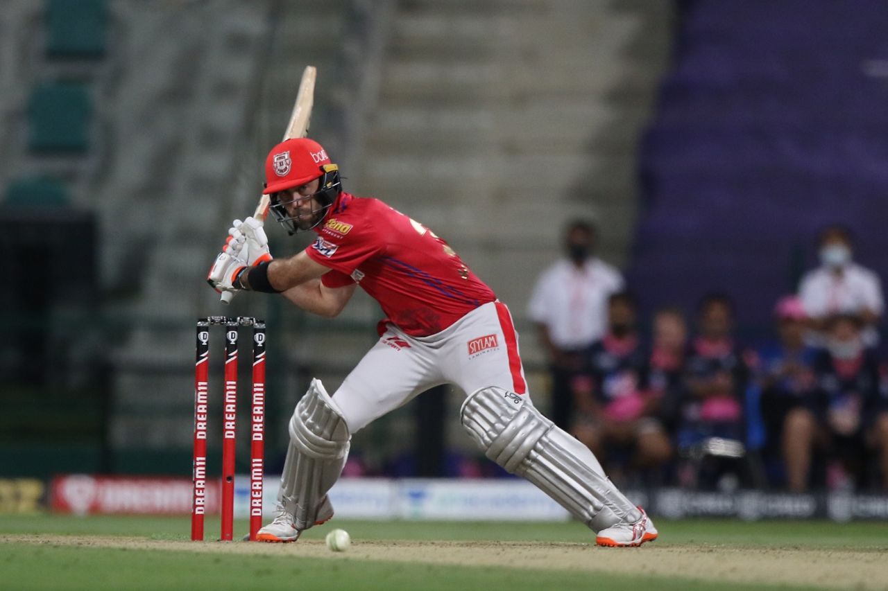 An open stance has meant Glenn Maxwell has to reach for balls bowled well outside off, Kings XI Punjab vs Rajasthan Royals, IPL 2020, Abu Dhabi, October 30, 2020