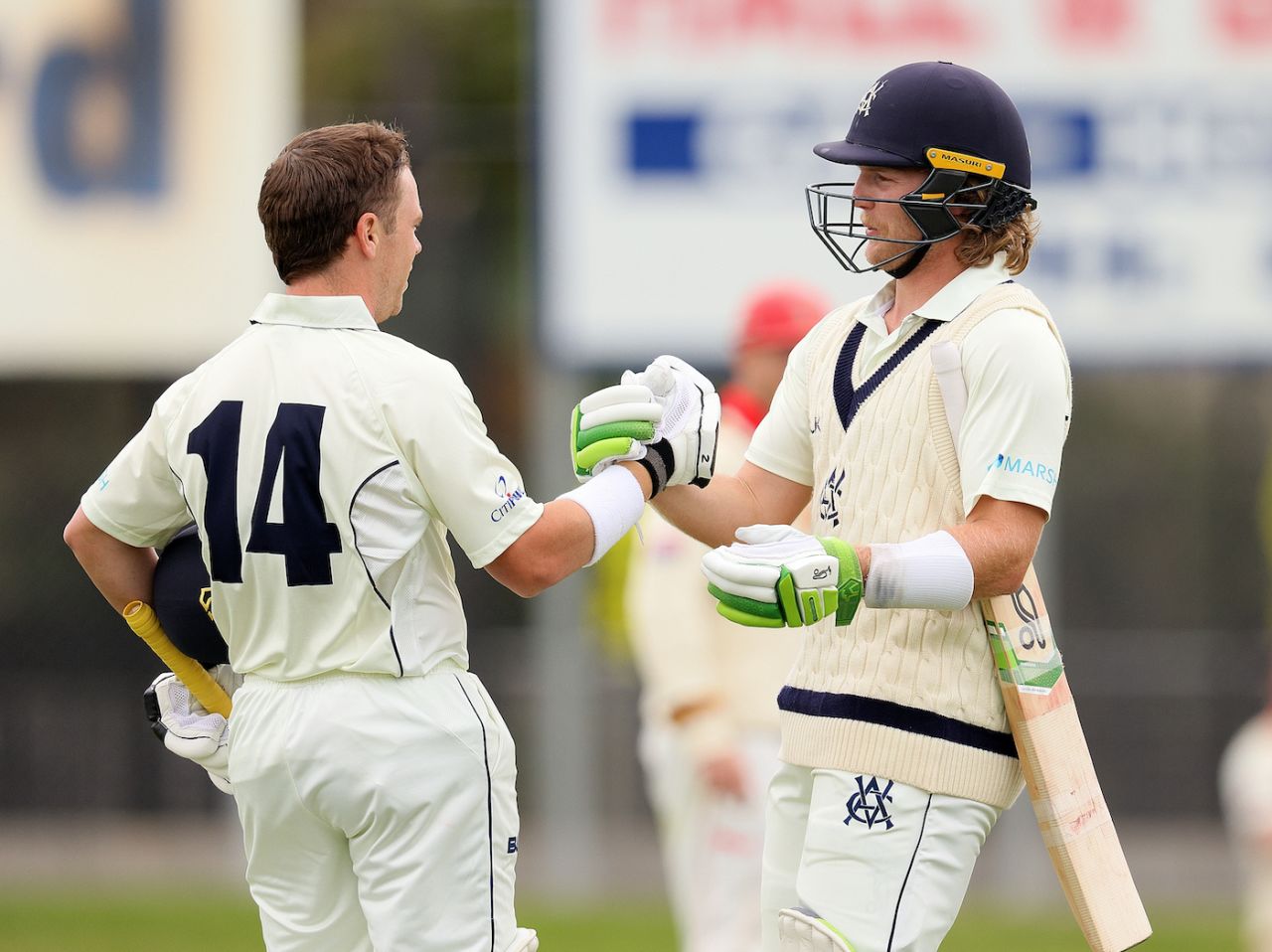 Marcus Harris and Will Pucovski celebrated centuries during an enormous opening partnership, Victoria v South Australia, Glenelg Oval, Sheffield Shield 2020-21, October 31, 2020