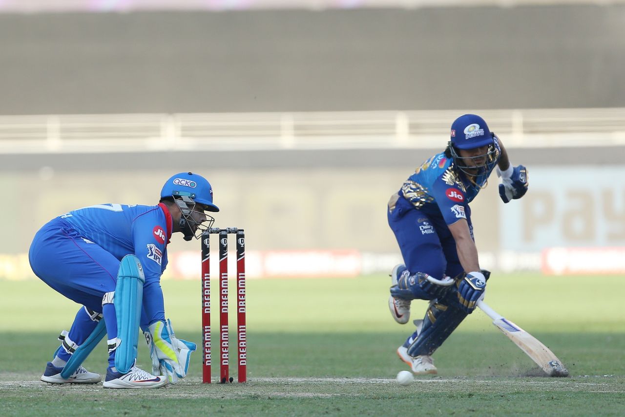 Ishan Kishan slides his bat as Rishabh Pant collects the ball, Delhi Capitals vs Mumbai Indians, IPL 2020, Dubai, October 31, 2020