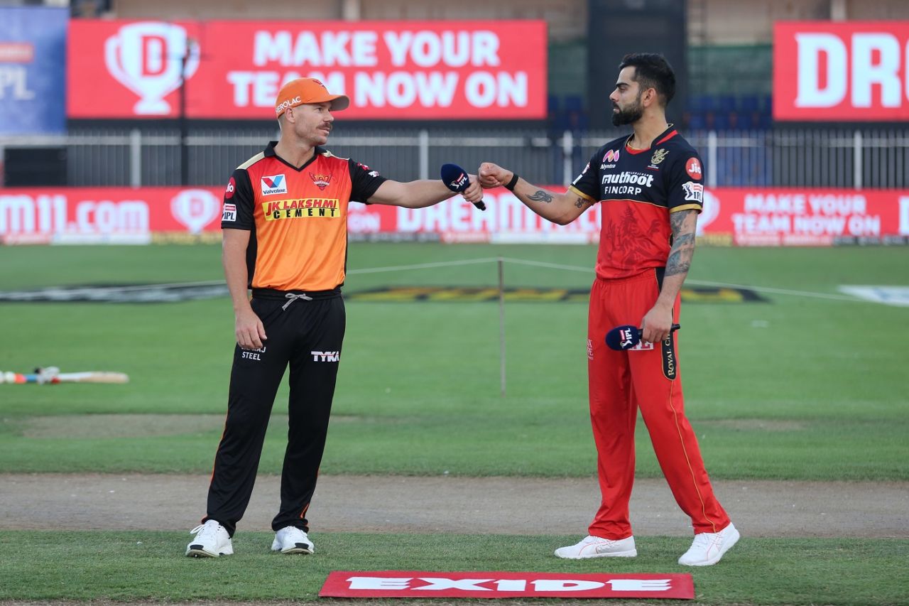 David Warner and Virat Kohli bump fists at the toss, Royal Challengers Bangalore vs Sunrisers Hyderabad, IPL 2020, Sharjah, October 31, 2020