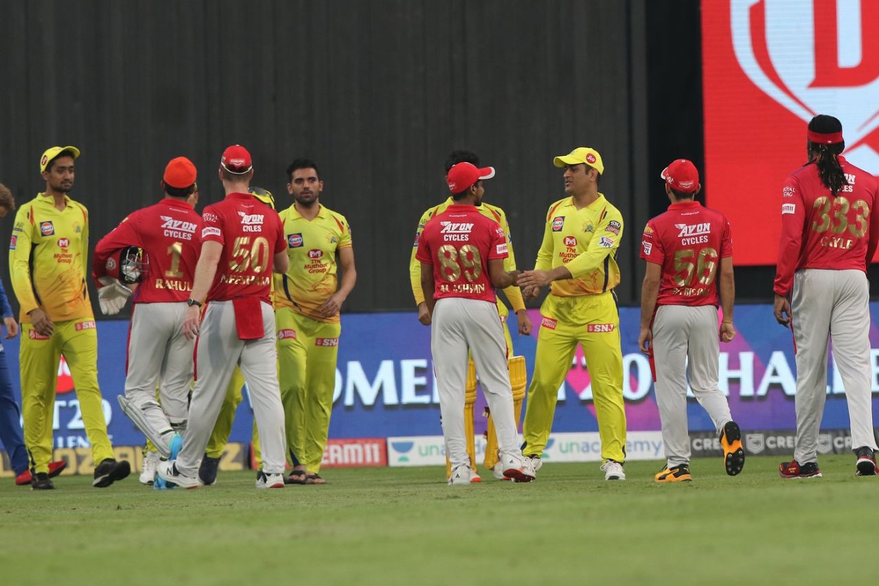 The Chennai Super Kings and Kings XI Punjab players greet each other after the game, Chennai Super Kings vs Kings XI Punjab, IPL 2020, Abu Dhabi, November 1, 2020
