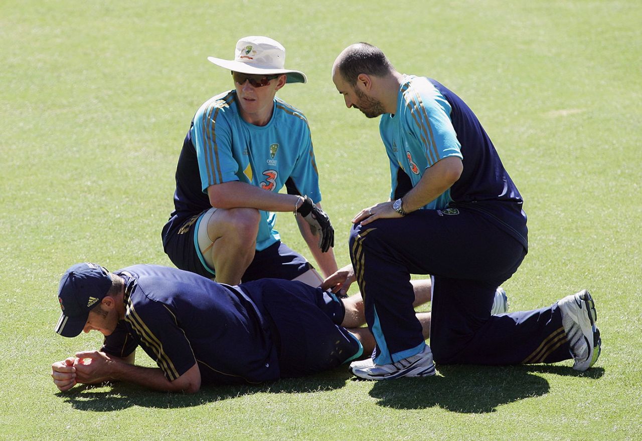Jason Krejza is attended to after he turned his ankle at a training session ahead of the second Test vs New Zealand, Adelaide, November 26, 2008