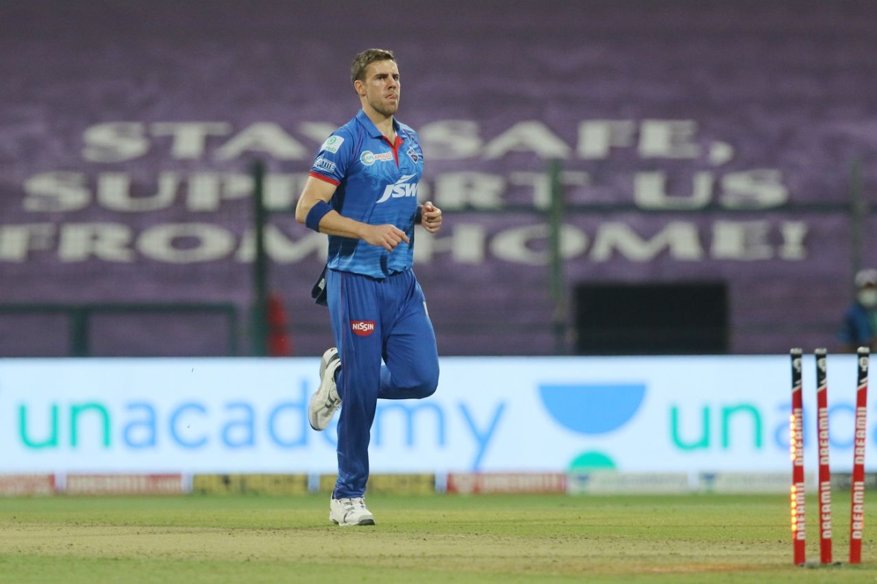 Anrich Nortje reacts after picking up a wicket, Delhi Capitals vs Royal Challengers Bangalore, IPL 2020, Abu Dhabi, November 2, 2020