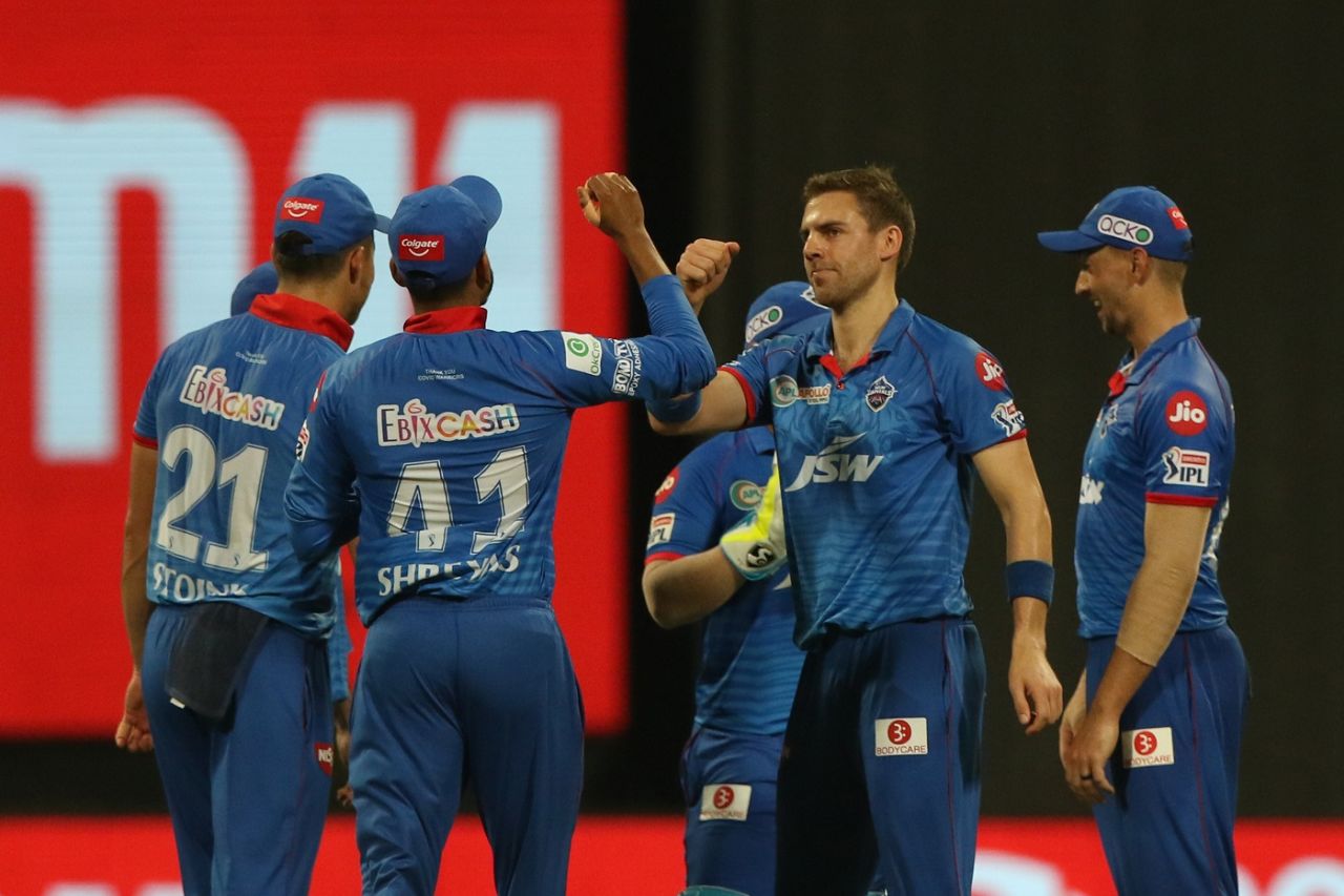 Anrich Nortje is congratulated for a breakthrough, Delhi Capitals vs Royal Challengers Bangalore, IPL 2020, Abu Dhabi, November 2, 2020
