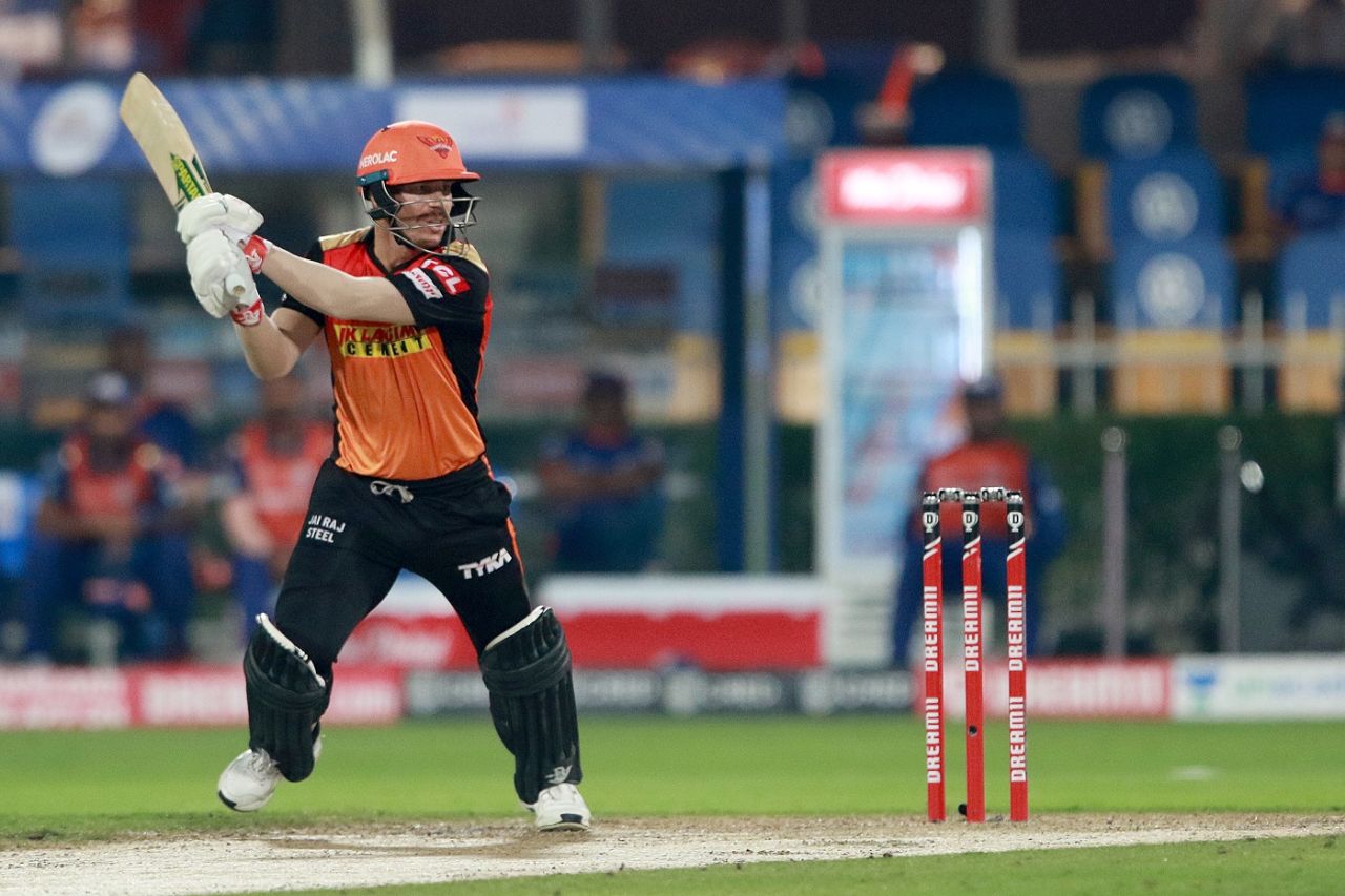 David Warner makes room to slash through the offside, Sunrisers Hyderabad vs Mumbai Indians, IPL 2020, Sharjah, November 3, 2020