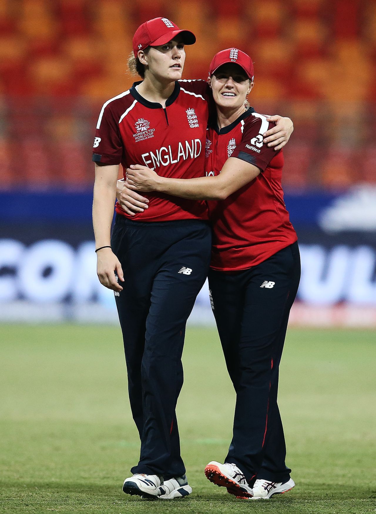 Nat Sciver and Katherine Brunt celebrate a wicket, England v West Indies, Group B, Women's T20 World Cup, Sydney, March 1, 2020