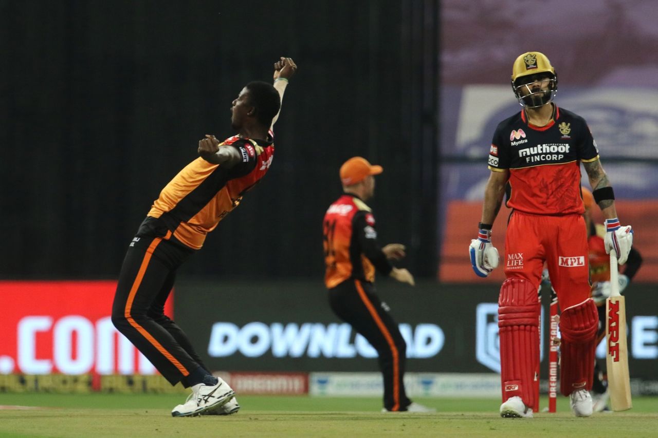 The Virat Kohli as opener tactic doesn't come off - Jason Holder with the key wicket, Sunrisers Hyderabad vs Royal Challengers Bangalore, IPL 2020, Eliminator, Abu Dhabi, November 6, 2020