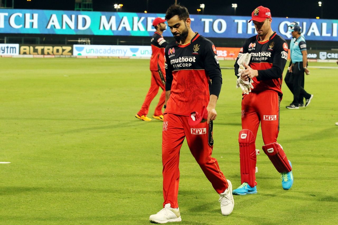 Virat Kohli and AB de Villiers walk off the field as yet another RCB season ends in disappointment, Sunrisers Hyderabad vs Royal Challengers Bangalore, IPL 2020, Eliminator, Abu Dhabi, November 6, 2020