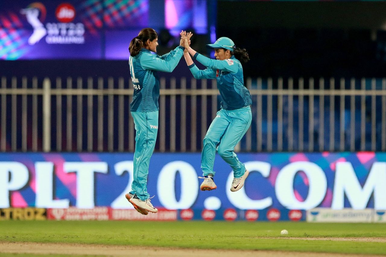 Radha Yadav and Jemimah Rodrigues celebrate after a wicket, Supernovas vs Velocity, Women's T20 Challenge, Sharjah, November 4, 2020