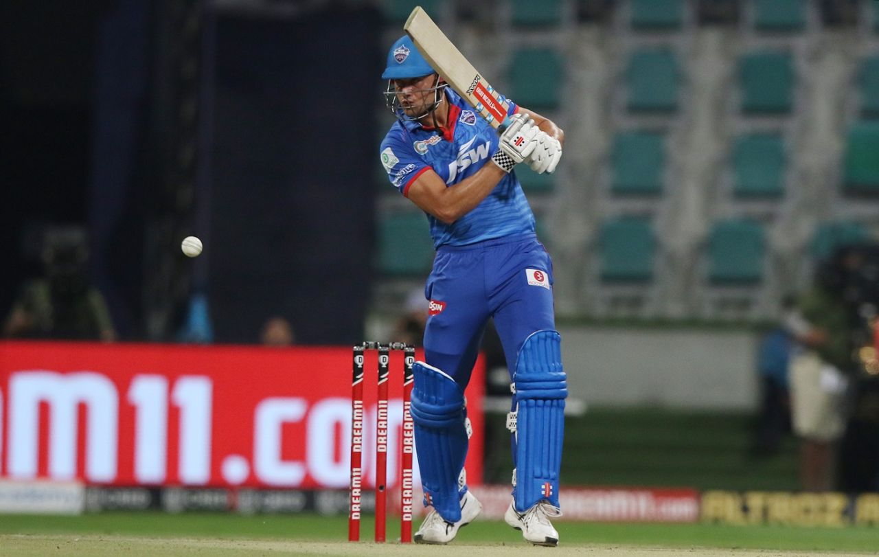 Marcus Stoinis looks on after playing one onto the off side, Delhi Capitals vs Sunrisers Hyderabad, IPL 2020, 2nd Eliminator, Abu Dhabi, November 8, 2020
