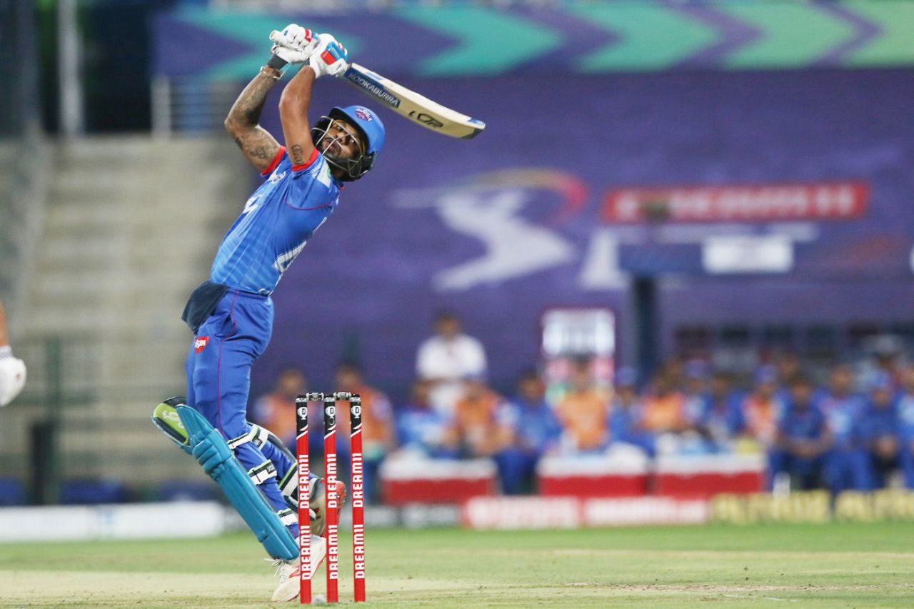 Shikhar Dhawan holds the pose after going over the wicketkeeper's head, Delhi Capitals vs Sunrisers Hyderabad, IPL 2020, 2nd Eliminator, Abu Dhabi, November 8, 2020