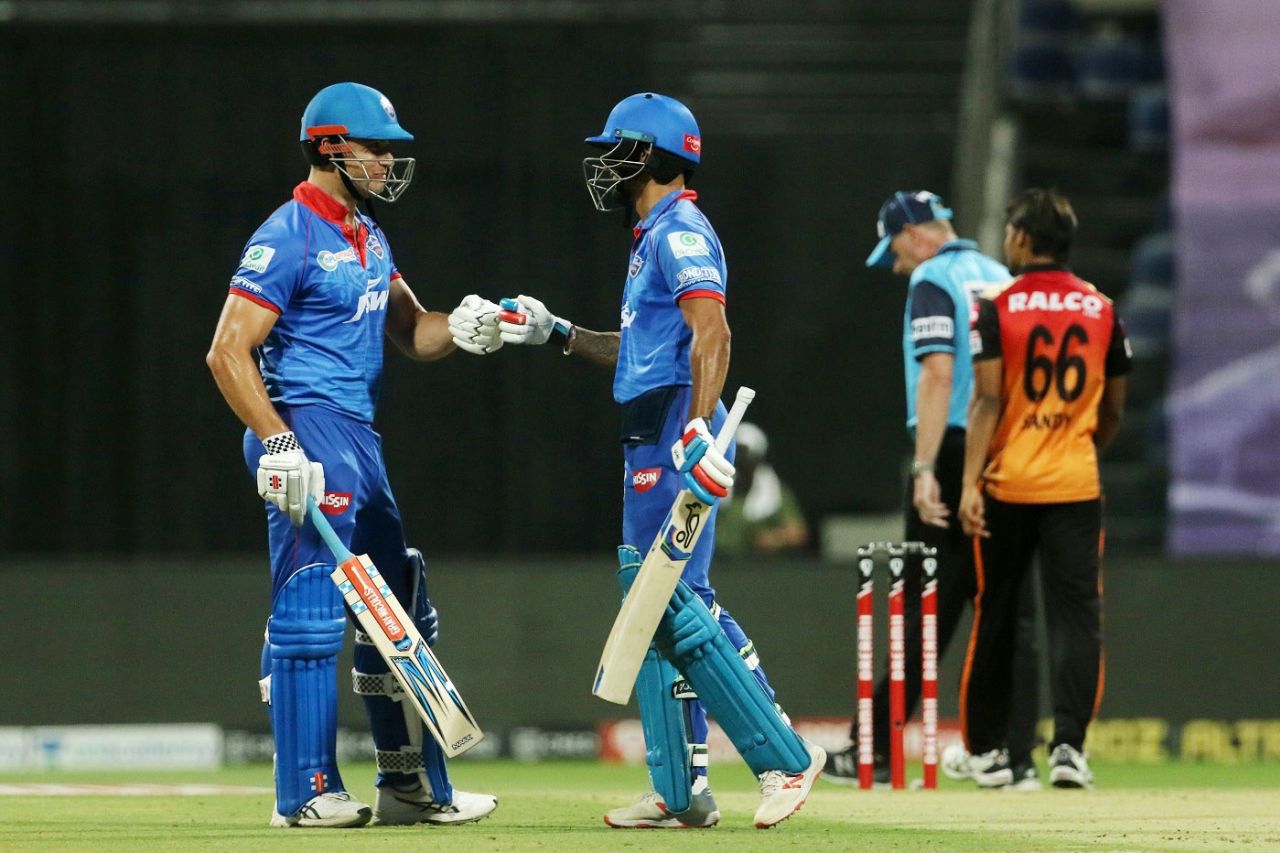 Marcus Stoinis and Shikhar Dhawan shared a fifty stand, Delhi Capitals vs Sunrisers Hyderabad, IPL 2020, 2nd Eliminator, Abu Dhabi, November 8, 2020