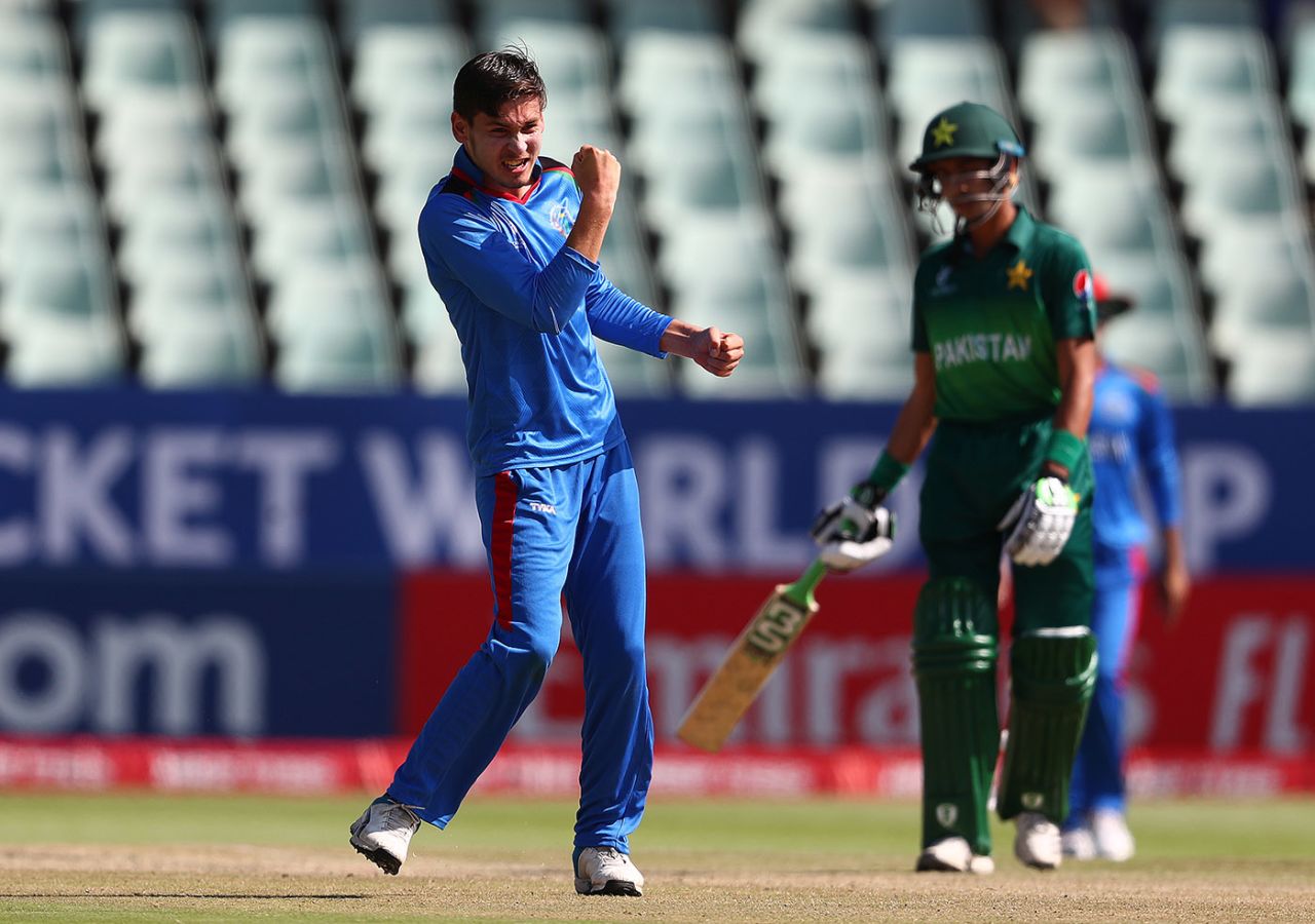 Noor Ahmad Lakanwal of Afghanistan celebrates bowling Muhammad Fahad Munir of Pakistan in the ICC U19 Cricket World Super League Quarter Final, Benoni, January 31, 2020