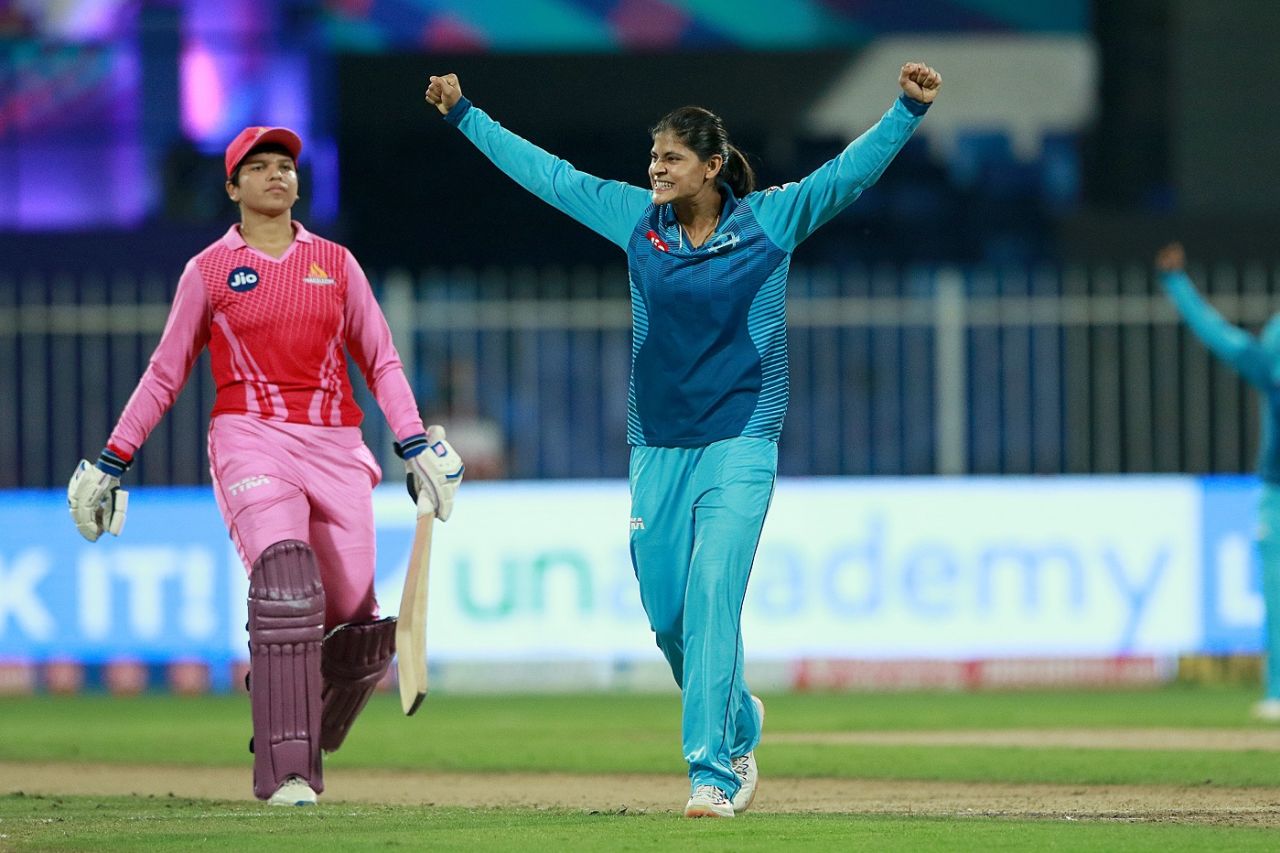 Radha Yadav claimed 5 for 16, including three wickets in the final over, Trailblazers vs Supernovas, Women's T20 Challenge 2020, Sharjah, November 9, 2020