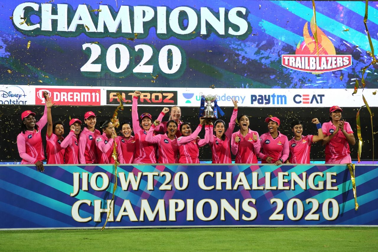 The Trailblazers players pose with the trophy, Trailblazers vs Supernovas, Women's T20 Challenge 2020, Sharjah, November 9, 2020 