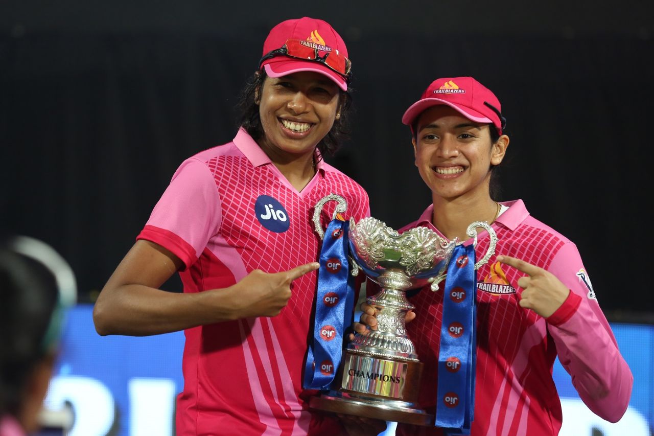 Jhulan Goswami and Smriti Mandhana pose with the 2020 Women's T20 Challenge trophy, Trailblazers vs Supernovas, Women's T20 Challenge 2020, Sharjah, November 9, 2020 