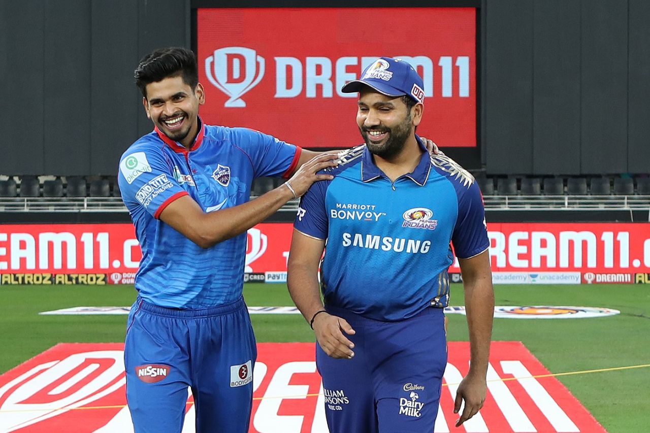 Shreyas Iyer and Rohit Sharma share a laugh before the toss, Mumbai Indians vs Delhi Capitals, IPL 2020 final, Dubai, November 10, 2020
