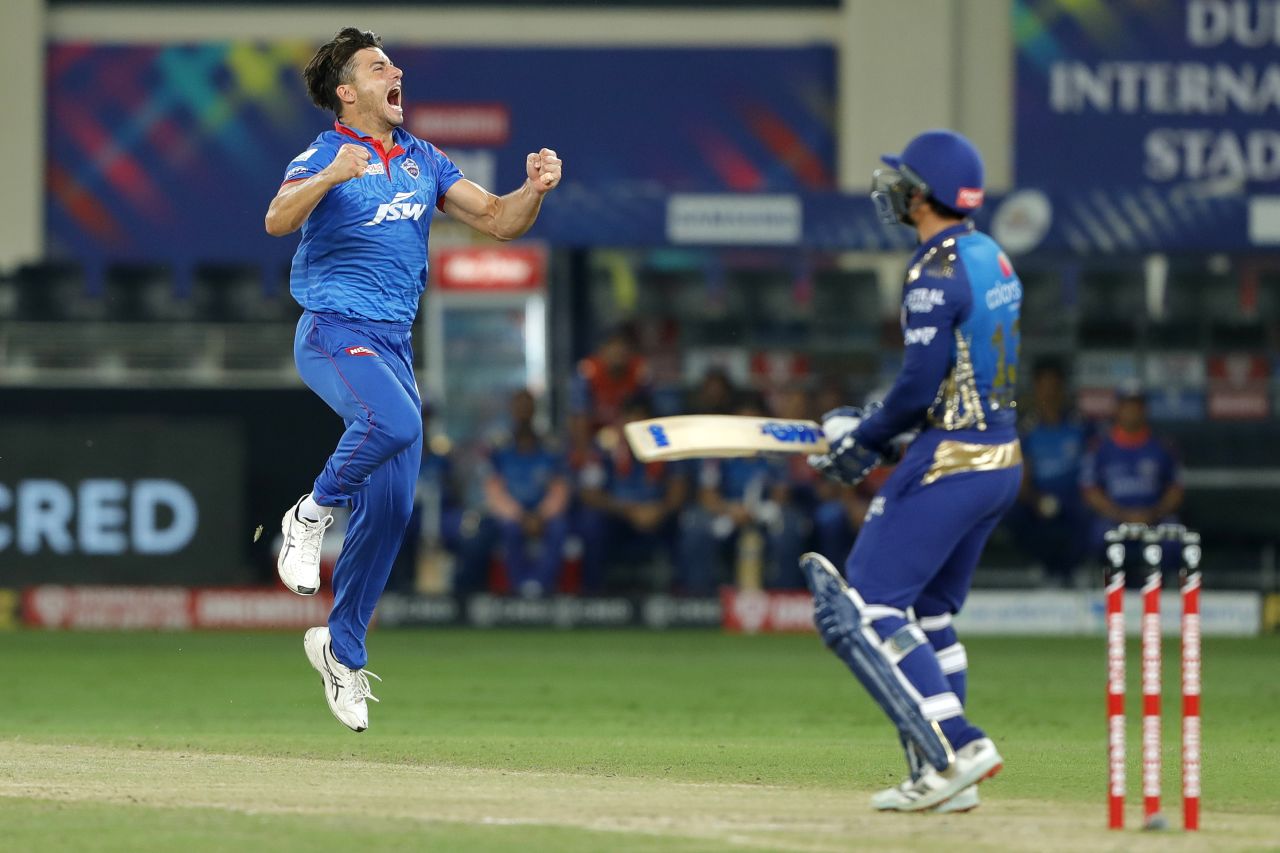 Marcus Stoinis is pumped up after striking with his first ball, Delhi Capitals vs Mumbai Indians, IPL 2020, final, Dubai, November 10, 2020