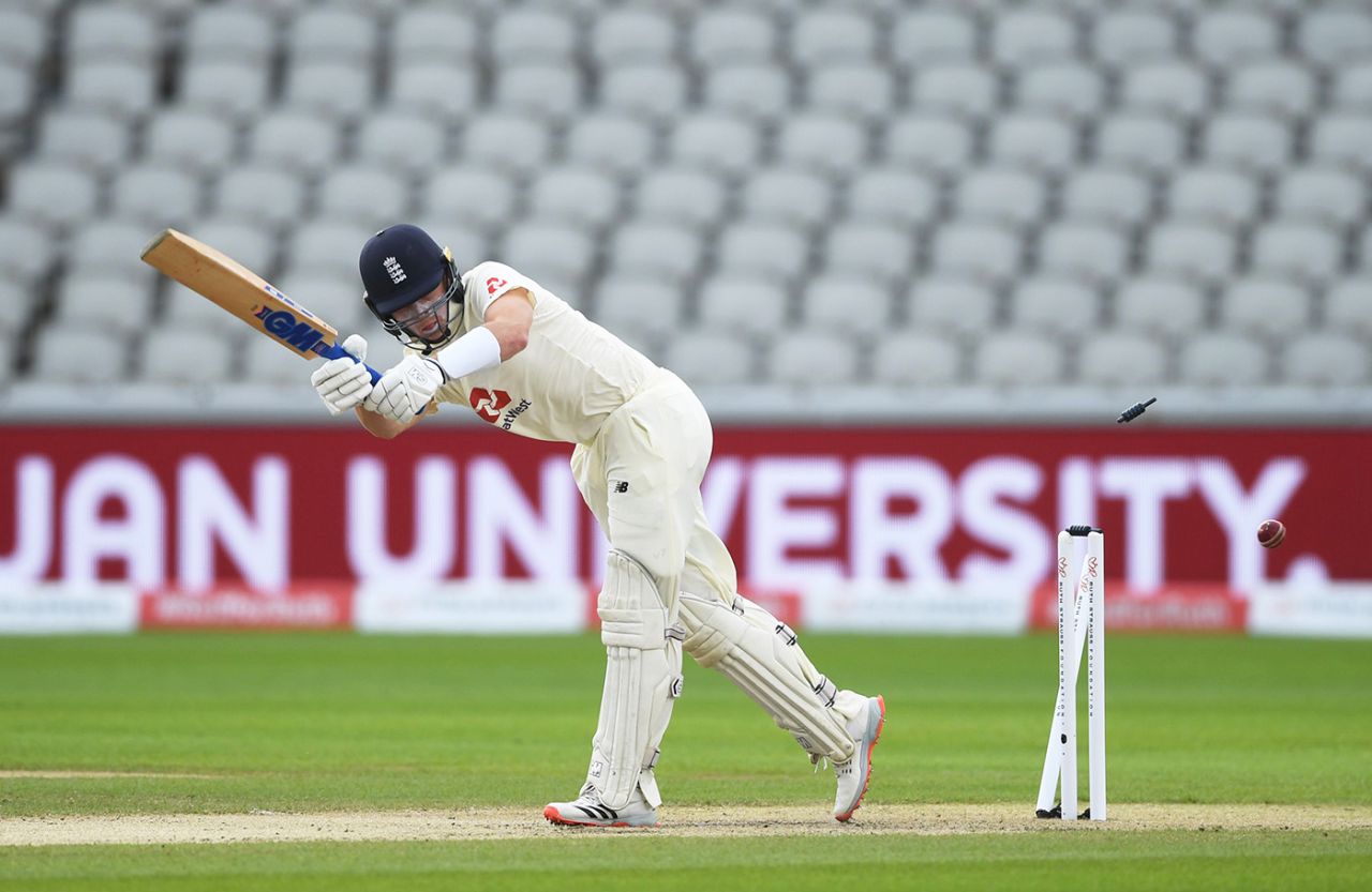 Ollie Pope was bowled for 91 on the second morning, England v West Indies, 3rd Test, Emirates Old Trafford, 2nd day, July 25, 2020