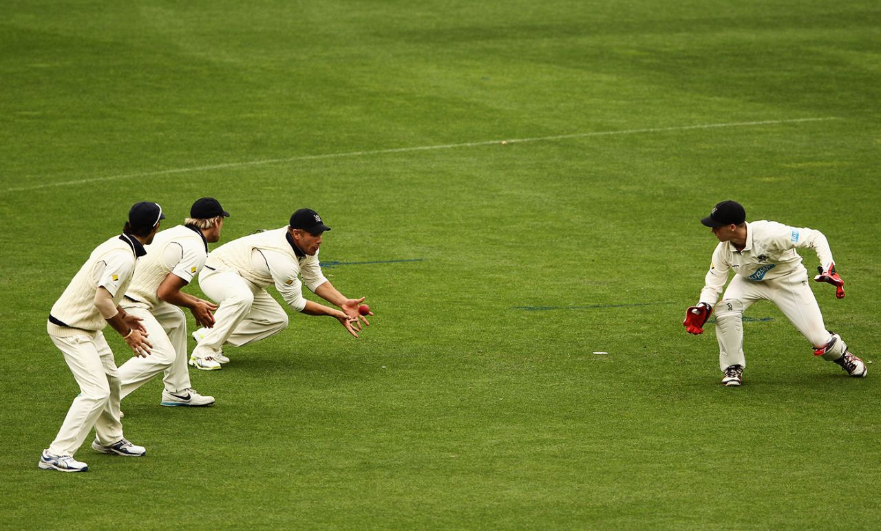 Aaron Finch takes a catch in the slips, Victoria v New South Wales, Sheffield Shield, Melbourne, 1st day, March 8, 2012