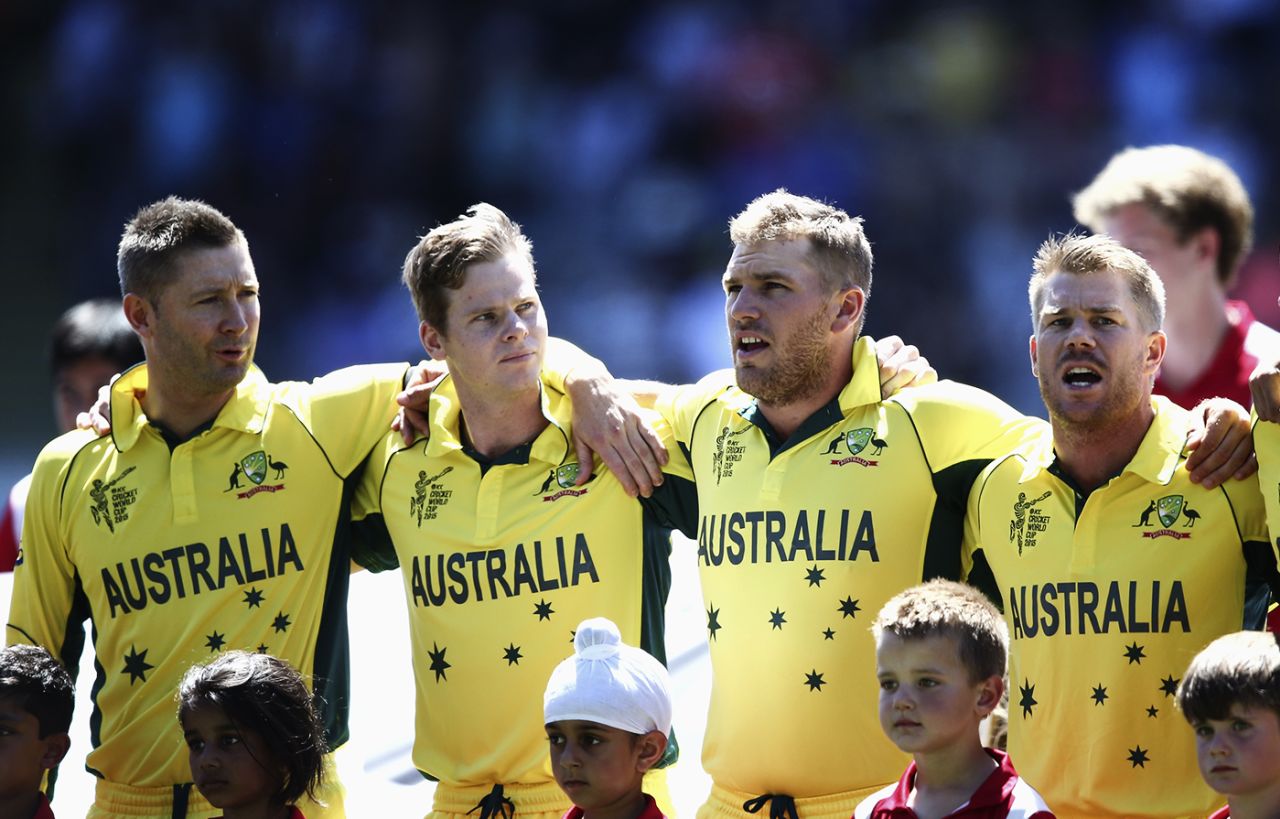 Michael Clarke, Steven Smith, Aaron Finch and Brad Haddin sing the Australian national anthem, New Zealand v Australia, World Cup 2015, Group A, Auckland, February 28, 2015