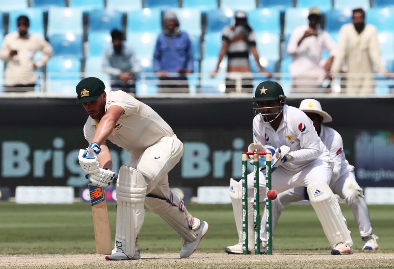 Aaron Finch defends, Pakistan v Australia, 1st Test, Dubai, 3rd day, October 9, 2018